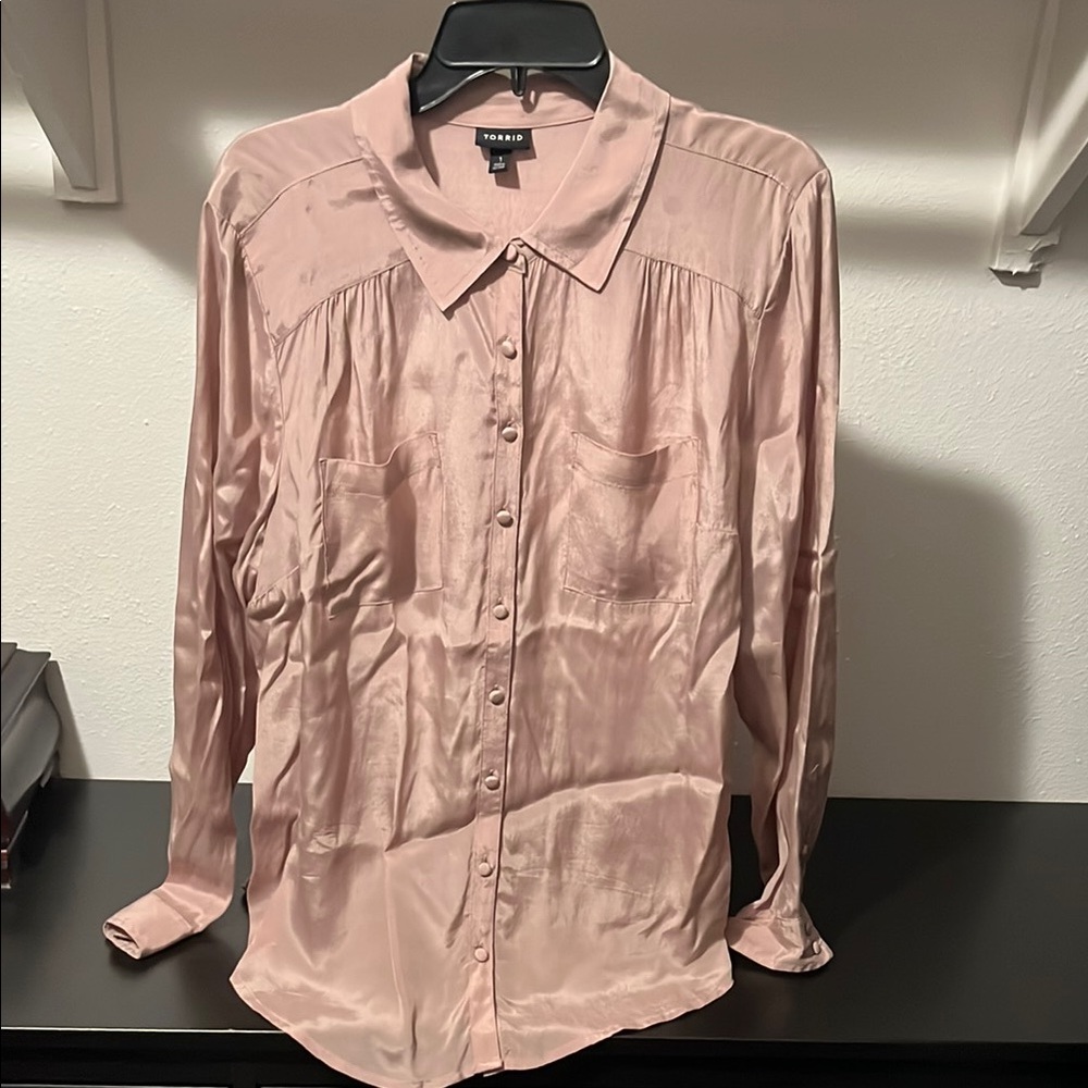 Pink Satin Button-Up Blouse